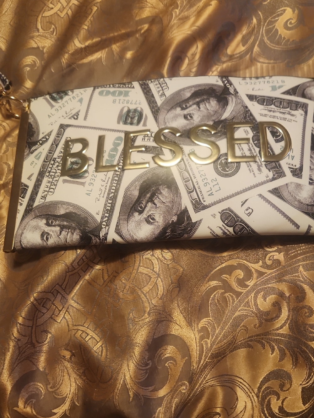 BLESSED Money Print Wristlet Clutch - White with Gold Lettering